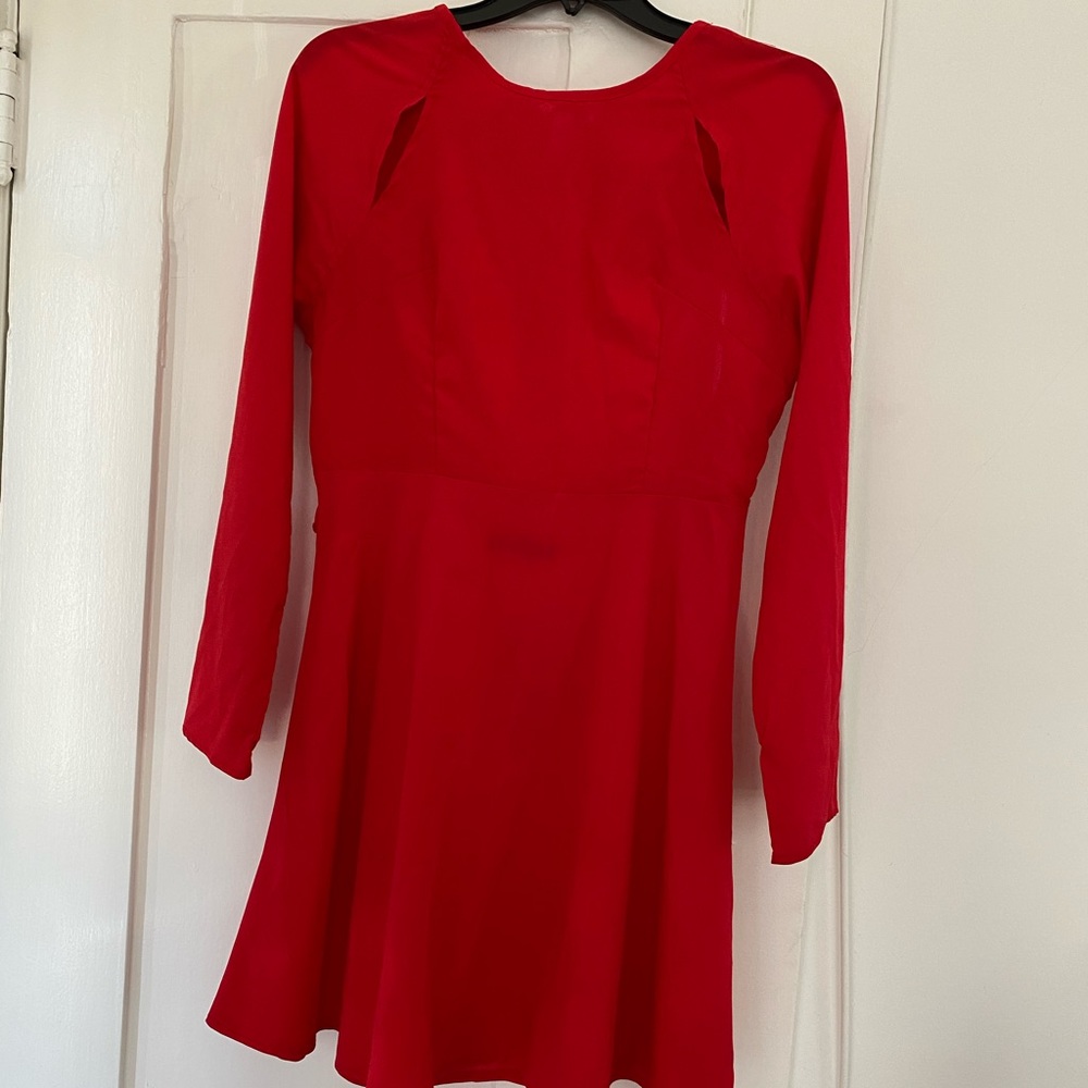 Red Long Sleeve Open Back Skater Dress